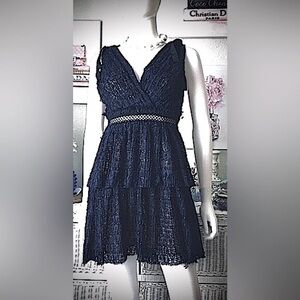 Self-Portrait Lace Dress Tiered & Ruched Mini Dress Midnight Blue color size 4